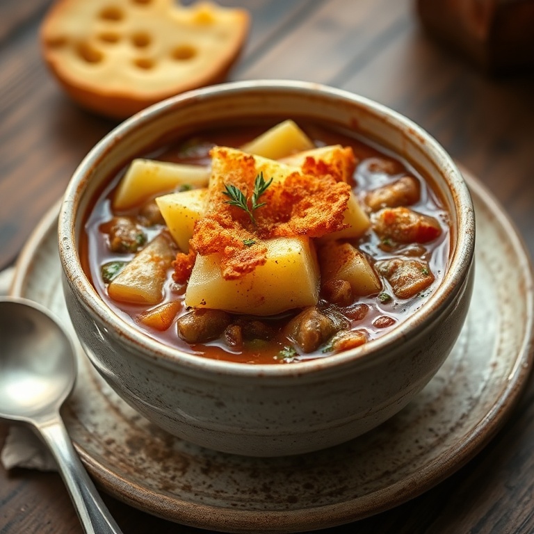 One perfect serving of hearty shepherd's pie soup in a rustic bowl. Crispy potatoes on top. Warm side lighting showing texture. No text. No watermark.