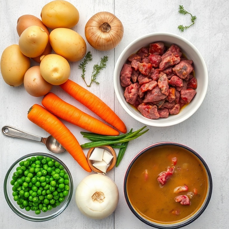 Raw ingredients for hearty shepherd's pie soup arranged in an overhead flat lay. Potatoes, carrots, beef, onion, and peas visible. Measuring spoons and bowls present. Bright even light. No text. No watermark.