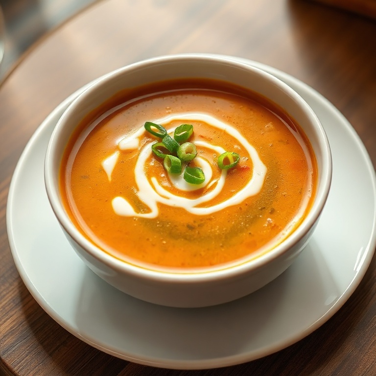 Perfectly plated soup in a white ceramic bowl. Garnished with fresh green onions and a drizzle of cream. Warm side lighting highlights the texture.