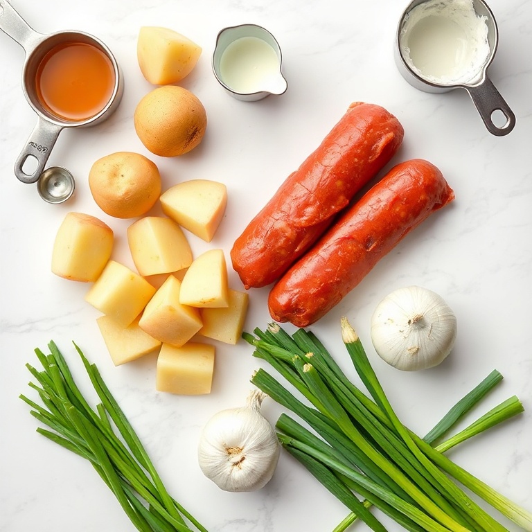 Raw chorizo, potatoes, onion, garlic, heavy cream, and green onions arranged in a flat lay. Measuring spoons and bowls visible.