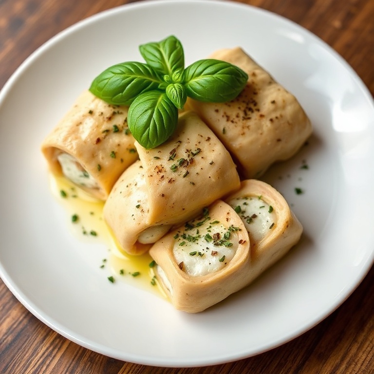 Perfectly plated herbed ricotta stuffed chicken rolls. Topped with fresh basil. White porcelain plate with crisp edges. Warm side lighting shows texture. Realistic food photography.