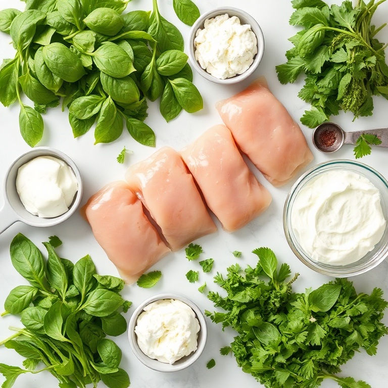 Raw ingredients for herbed ricotta stuffed chicken rolls. Fresh spinach, basil, ricotta, chicken breasts, and herbs arranged in a flat lay. Measuring spoons and bowls visible. Bright natural light on white marble surface.