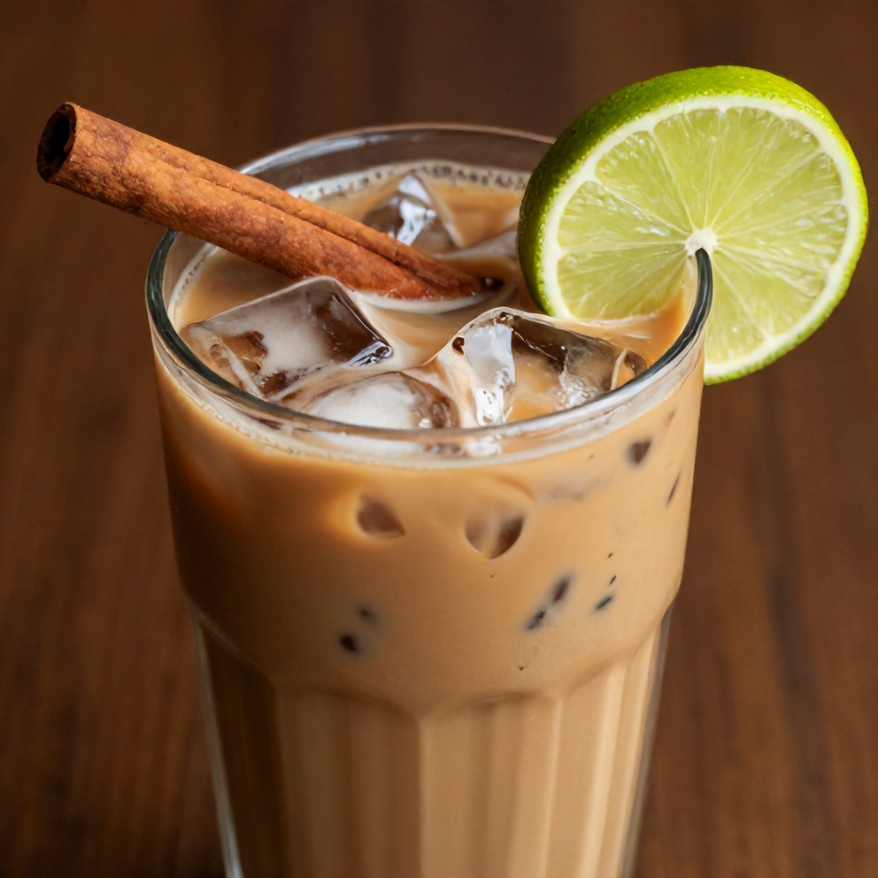 Hibiscus Cardamom Iced Latte ready to serve