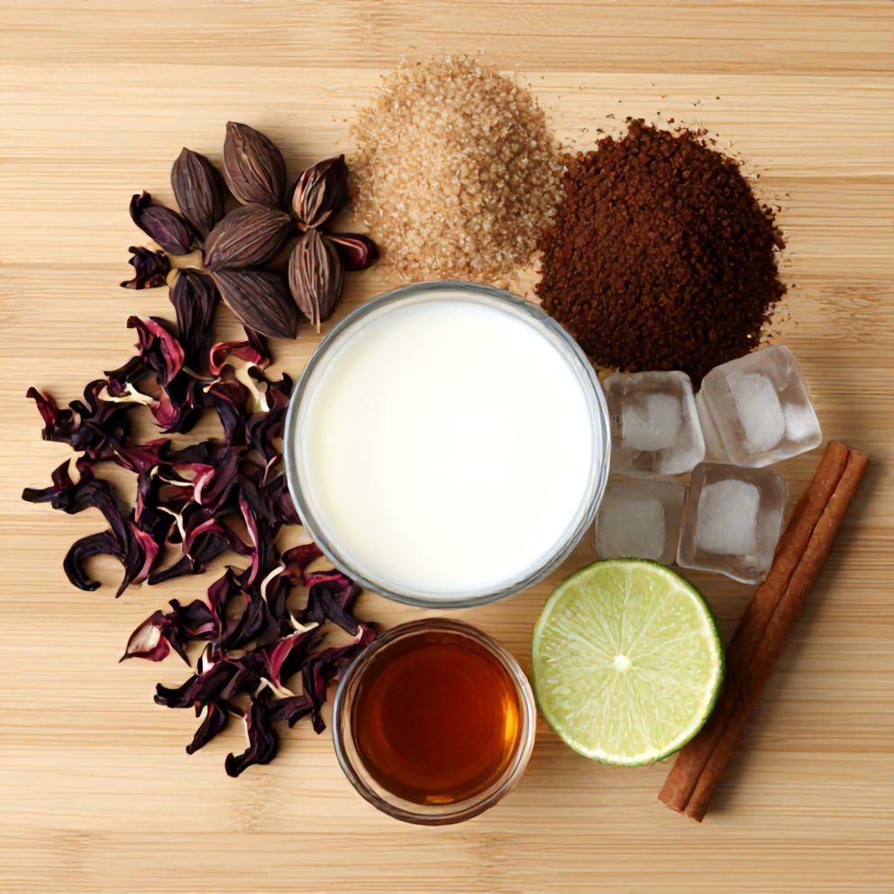 Ingredients for Hibiscus Cardamom Iced Latte laid out on a wooden surface