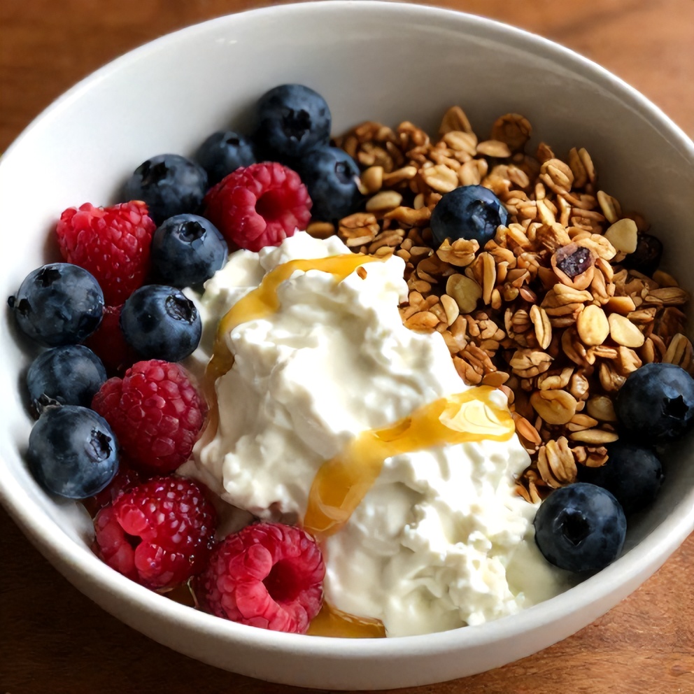 Finished high protein berry cottage cheese bowl with mixed berries, granola, and honey drizzle