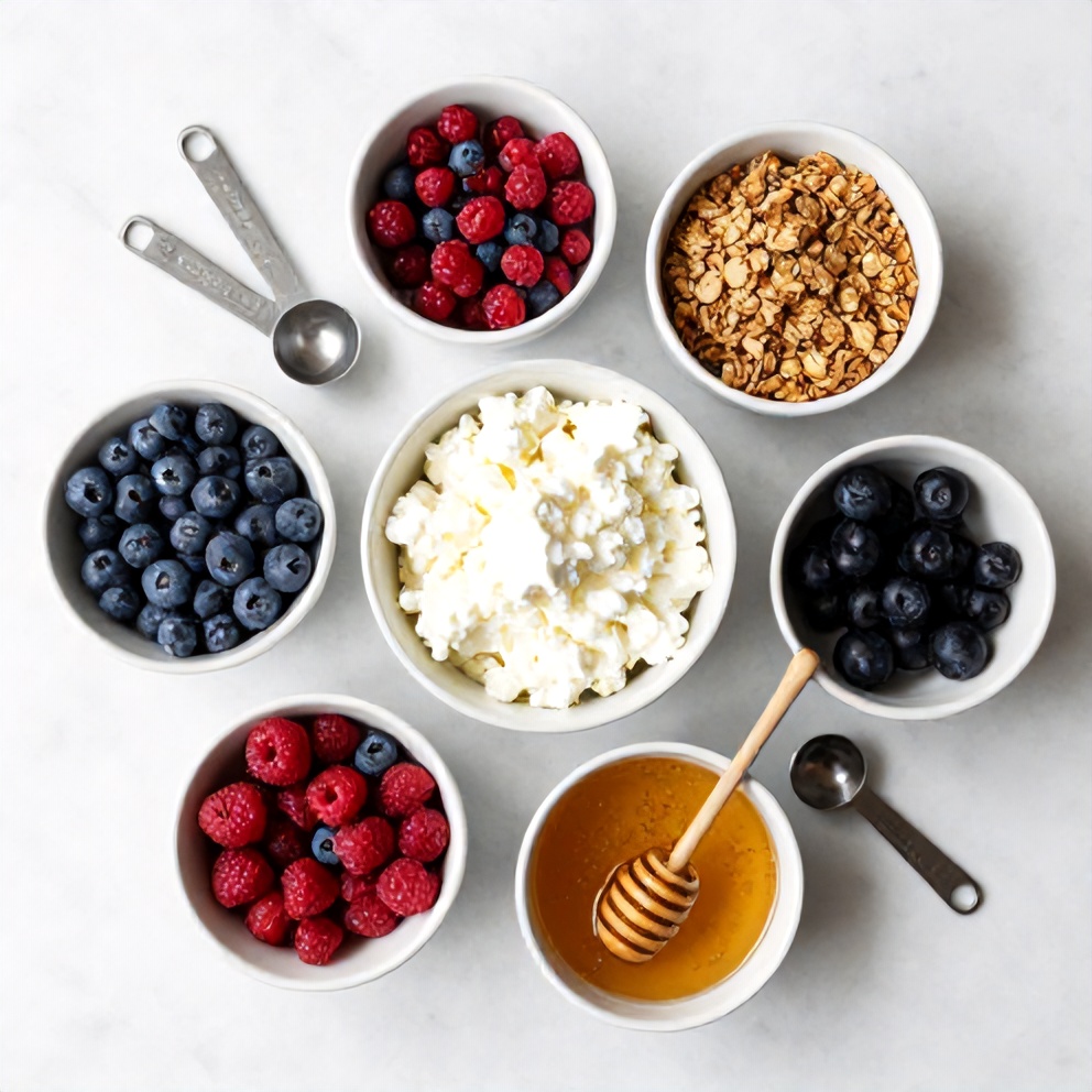 Raw ingredients for high protein berry cottage cheese bowl including cottage cheese, mixed berries, granola, and honey
