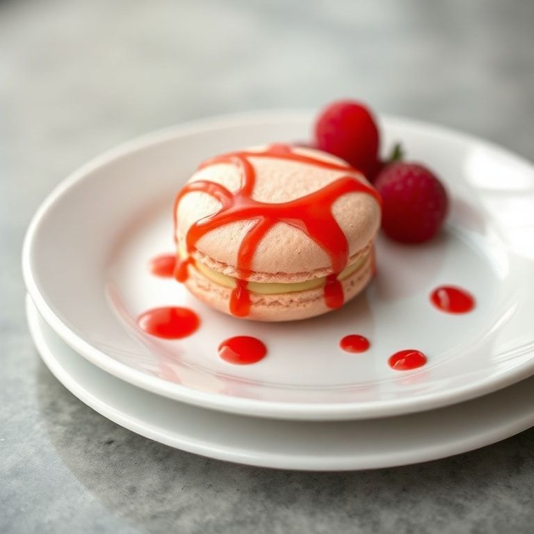 Plated raspberry macaron with buttercream
