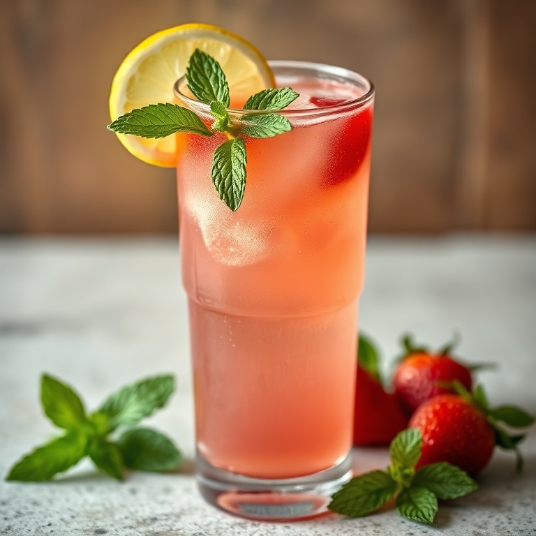 A glass of homemade strawberry soda with a slice of lemon and mint garnish