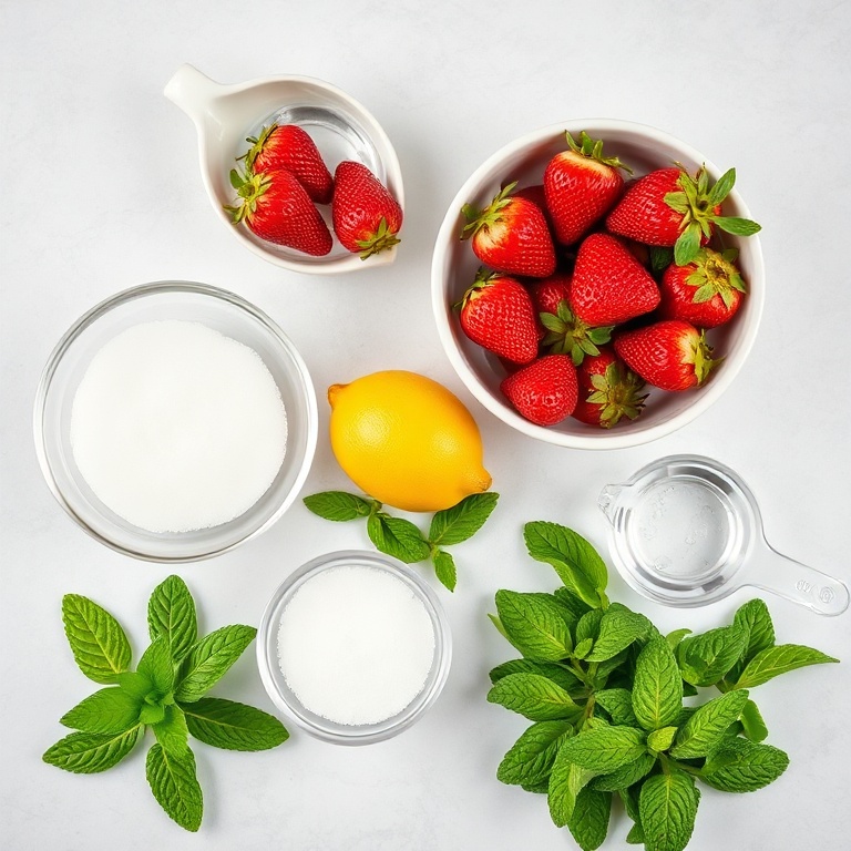 Strawberries, sugar, water, and mint arranged in a flat lay for homemade strawberry soda