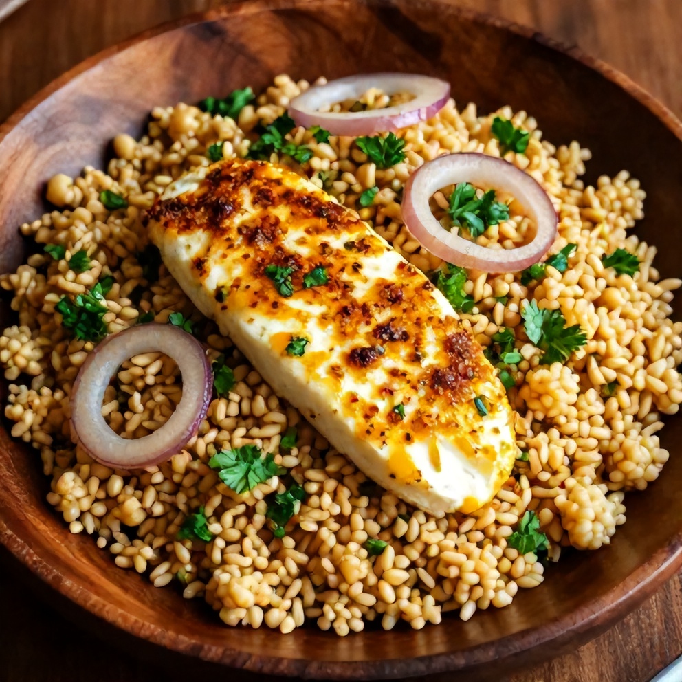 Plated Honey Halloumi Couscous Salad with Sumac Onions