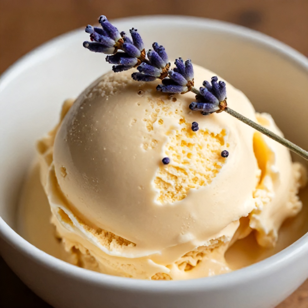 Plated serving of honey lavender ice cream with a sprig of lavender