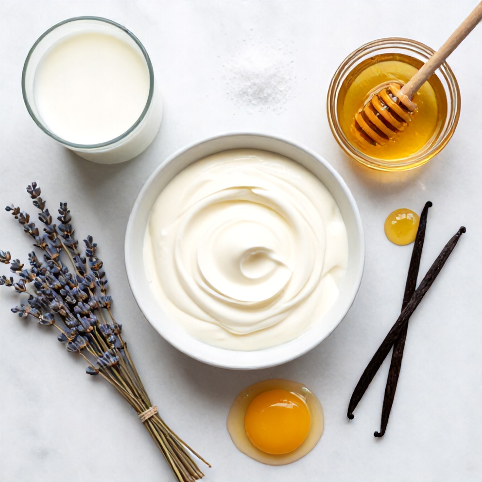 Raw ingredients for honey lavender ice cream on a marble surface