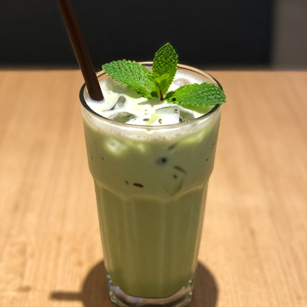 Iced Matcha Strawberry Latte served in a glass with a straw and fresh mint garnish