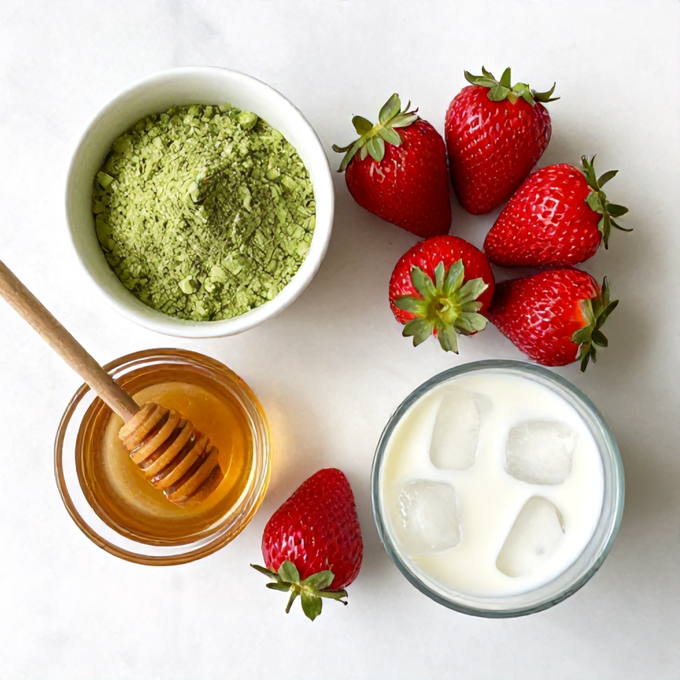 Ingredients for Iced Matcha Strawberry Latte: matcha powder, strawberries, honey, milk, and ice