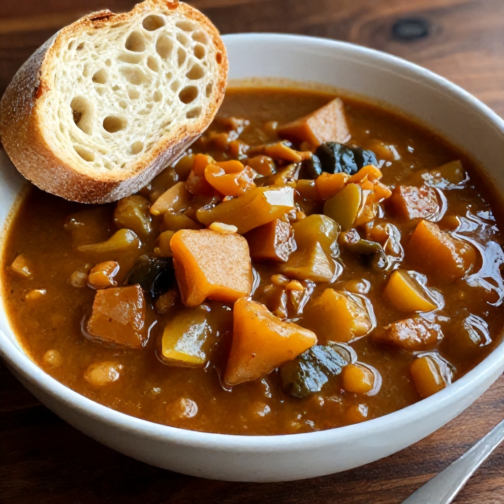 Bowl of Irish Vegetarian Stew with a side of crusty bread