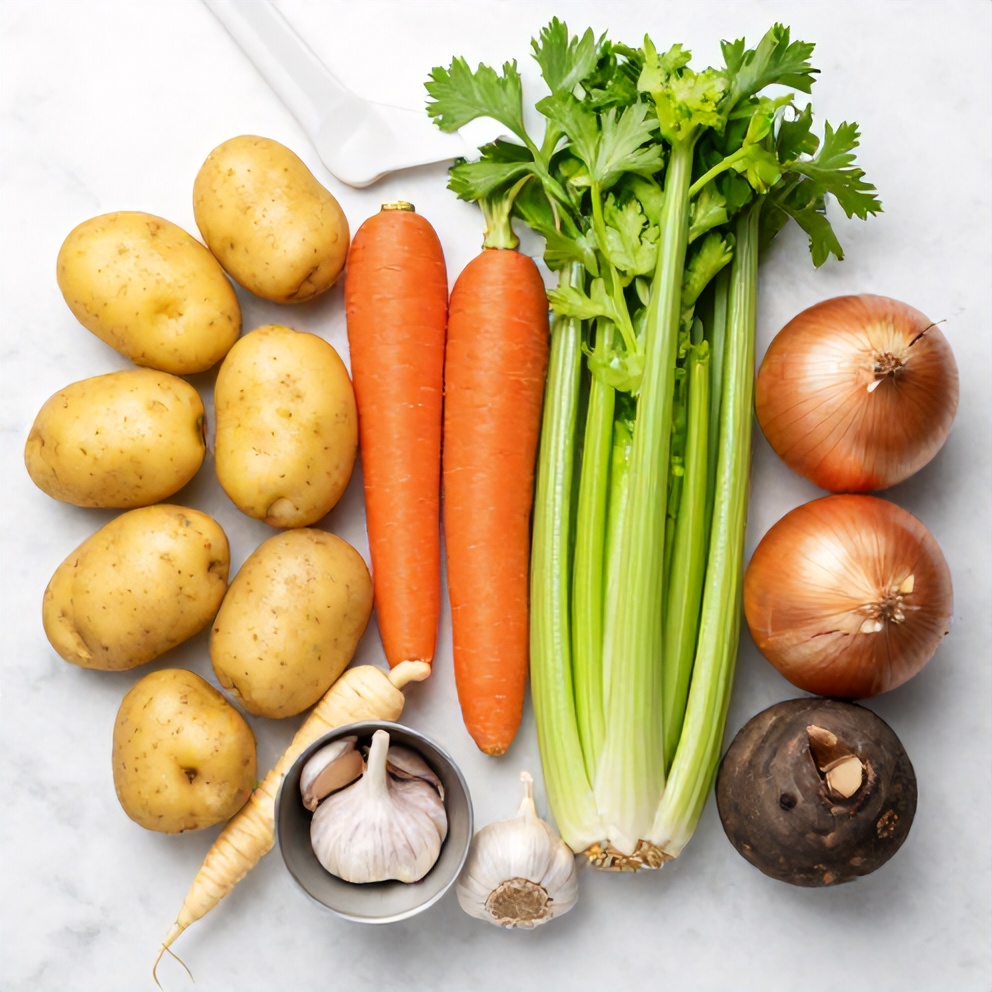 Raw ingredients for Irish Vegetarian Stew on a marble surface
