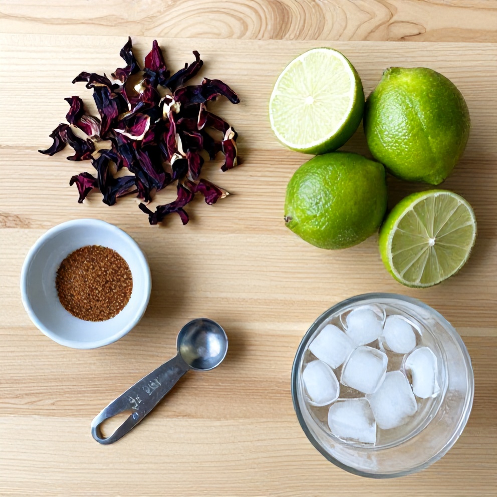 Hibiscus flowers, lime, stevia, sparkling water, and ice arranged on a wooden surface