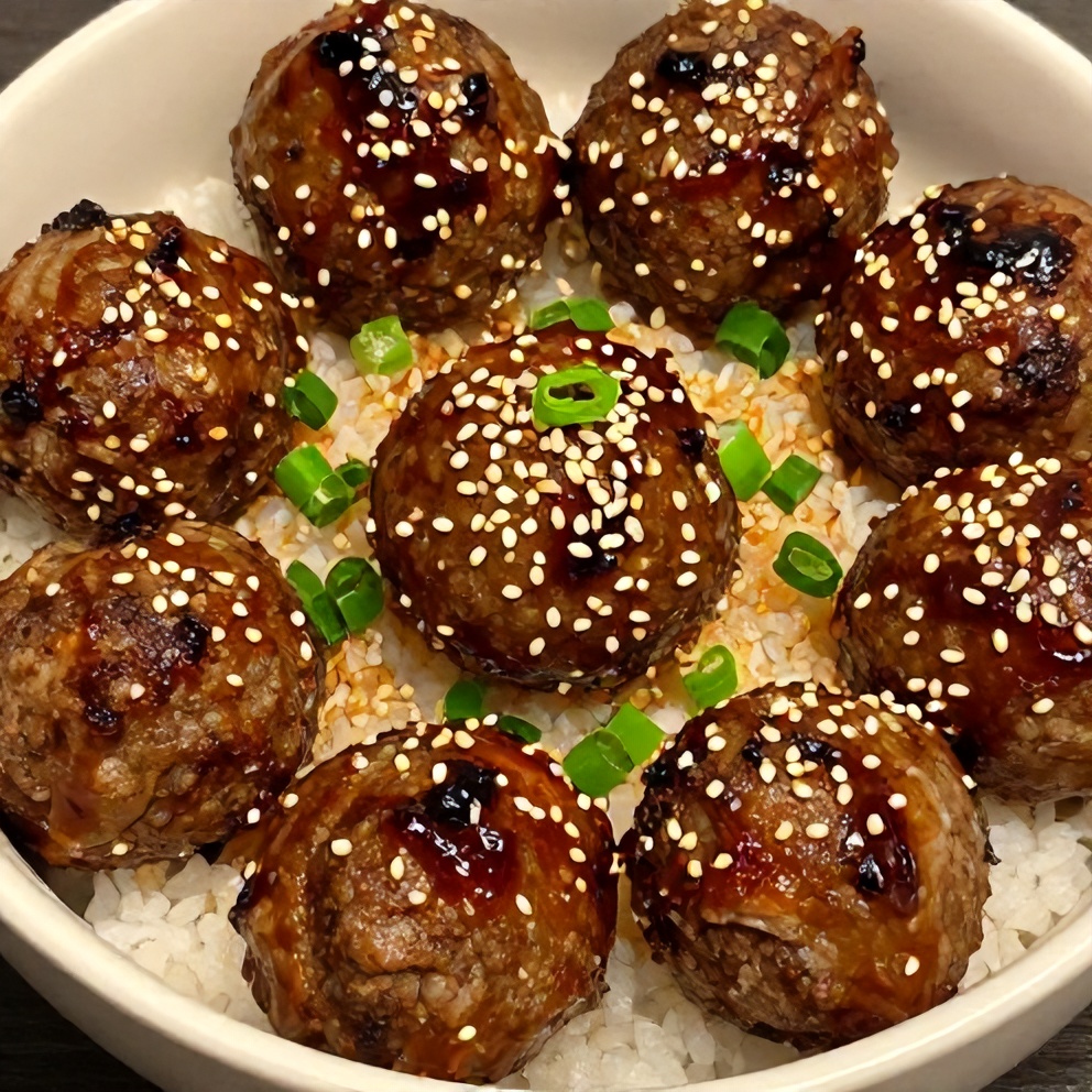 Korean BBQ Meatball Rice Bowl plated with garnish