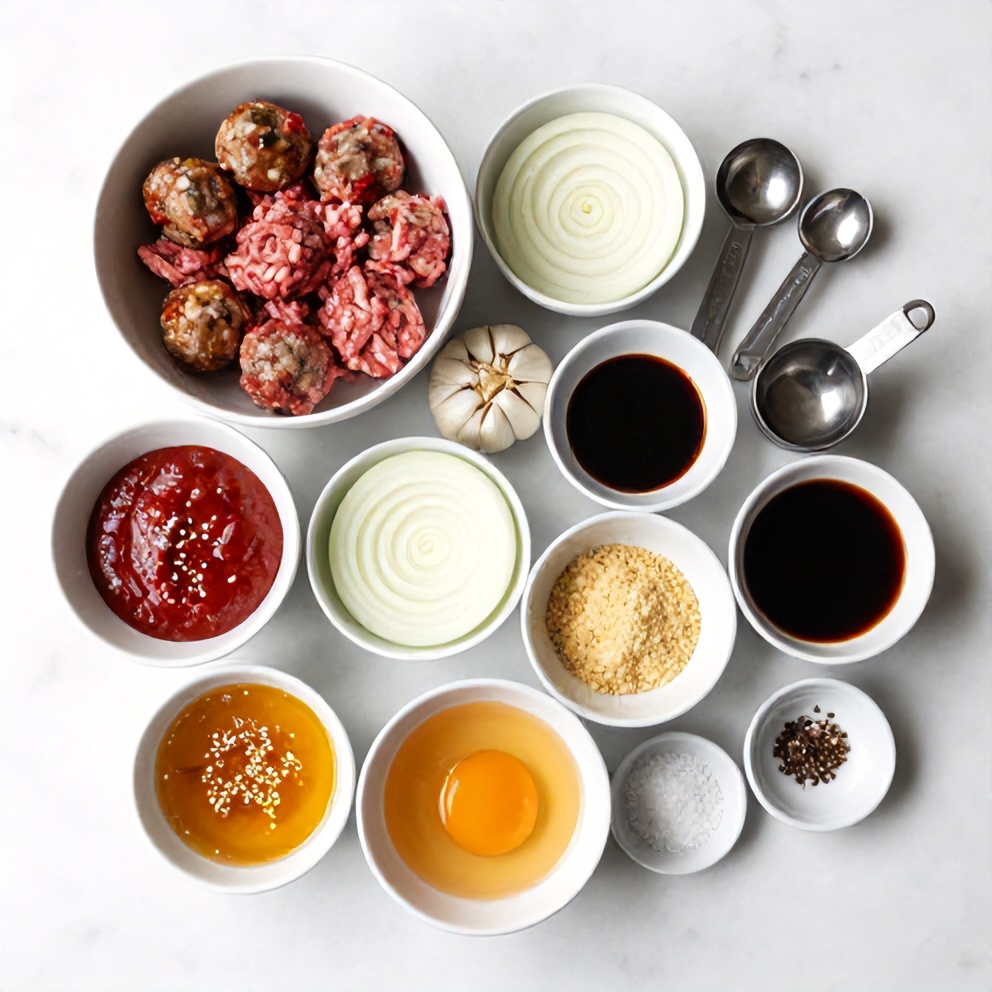 Raw ingredients for Korean BBQ Meatball Rice Bowls