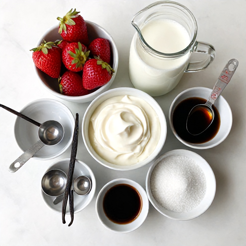 Raw ingredients for Korean Strawberry Milk on a marble surface