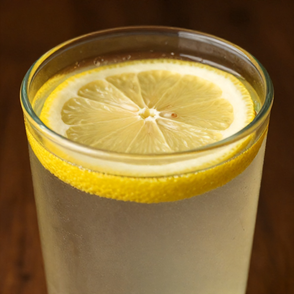 Glass of Lemon Ginger Wellness Water with a slice of lemon