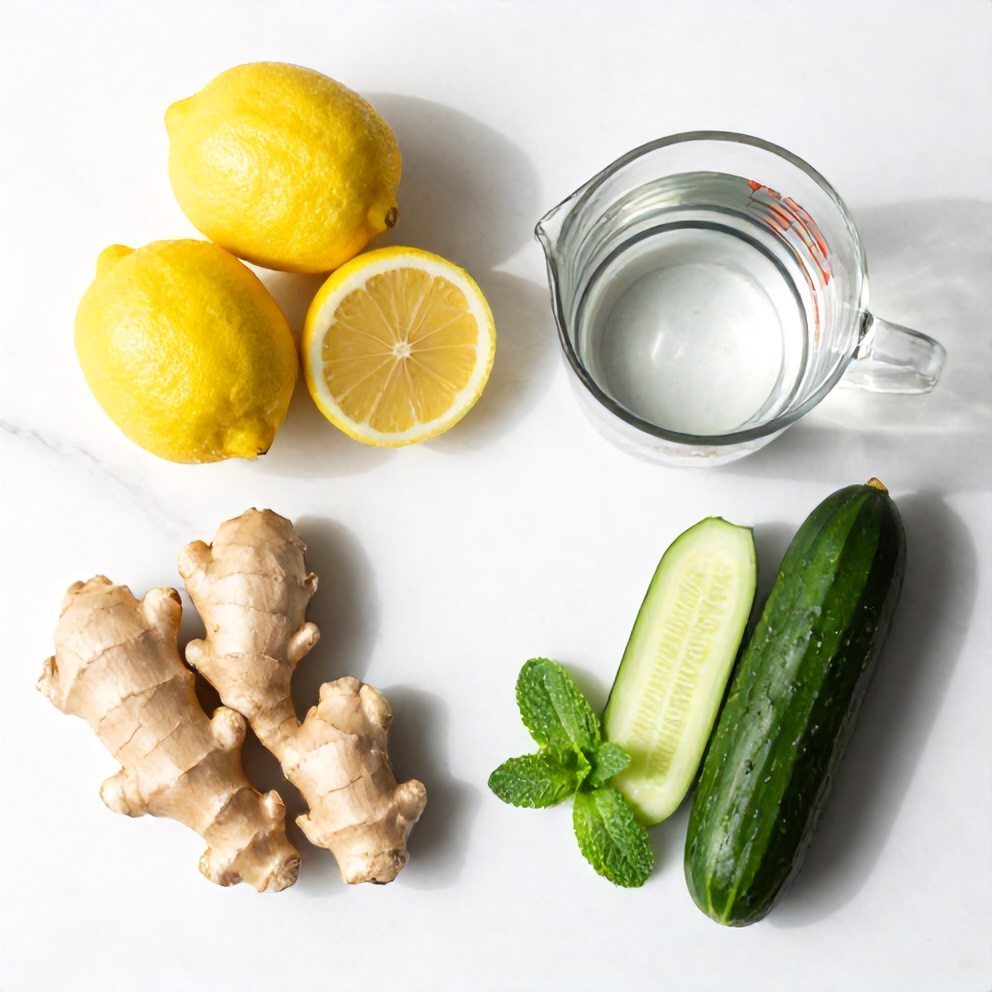 Lemon, ginger, cucumber, mint, and water on a wooden surface
