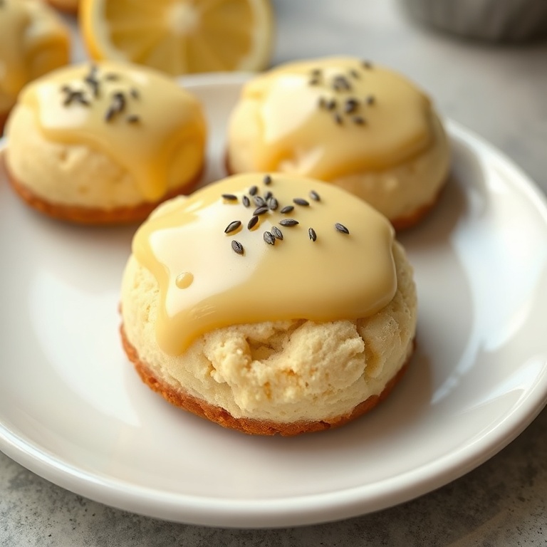 One perfect plated serving of Lemon Poppy Seed Cheesecake Cookies. Topped with a lemon glaze and a poppy seed. Close crop, food fills 90% of frame. White ceramic plate. Warm side lighting showing texture. Photorealistic food photography. No text. No watermark.