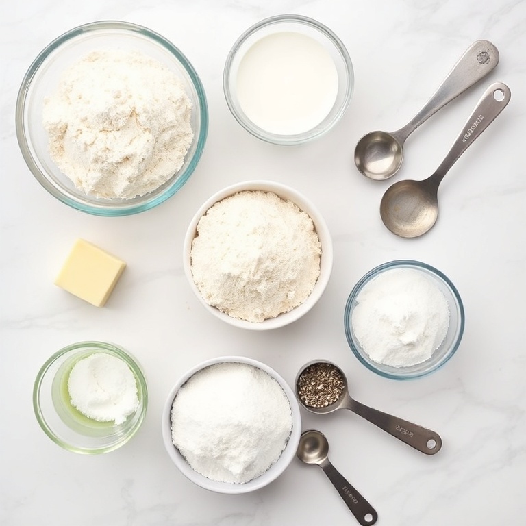 Overhead flat lay of Lemon Poppy Seed Cheesecake Cookies ingredients. Flour, butter, lemon zest, sugar, and poppy seeds. Prep bowls, measuring spoons, and cups visible. White marble surface. Bright even light. Photorealistic overhead food photography. No text. No watermark.
