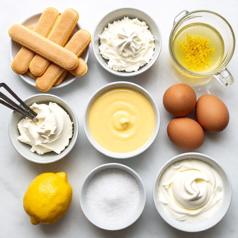 Lemon Tiramisu ingredients including ladyfingers, mascarpone, lemon curd, and eggs