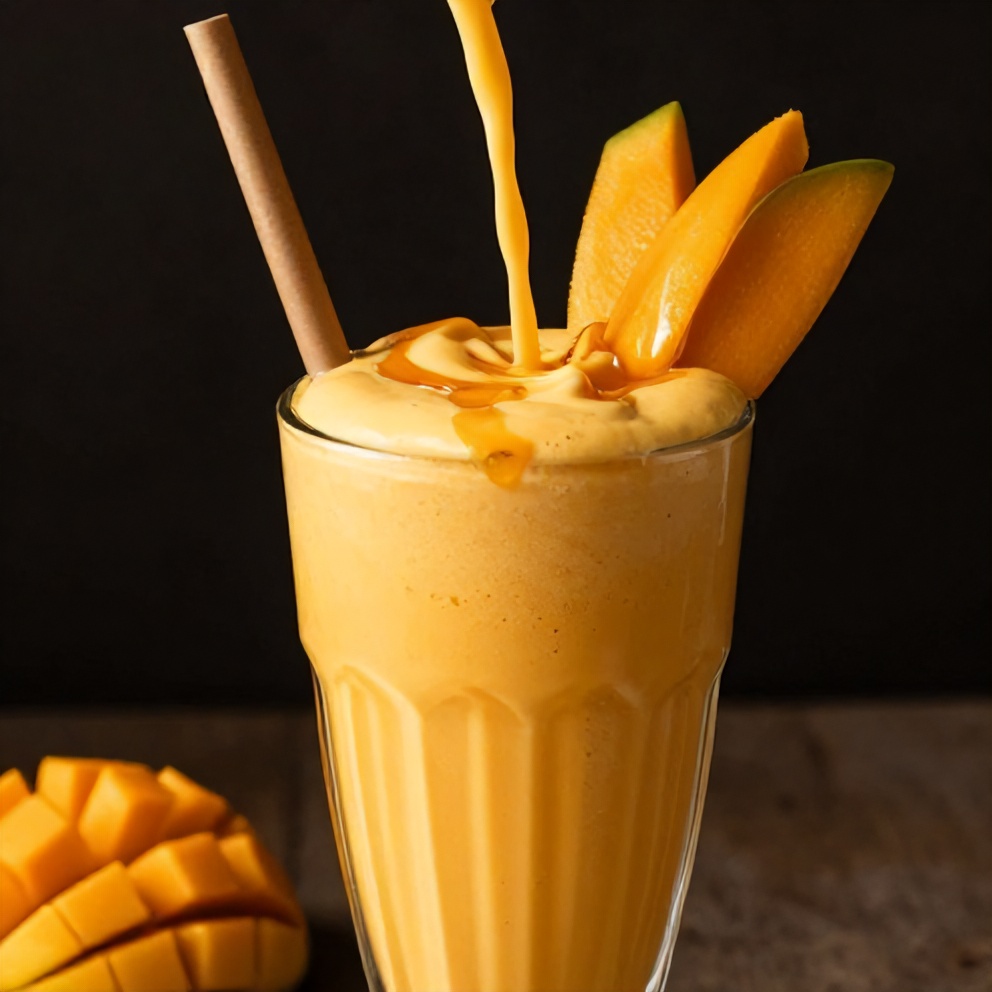 Mango Coconut Protein Shake poured into a glass with a straw