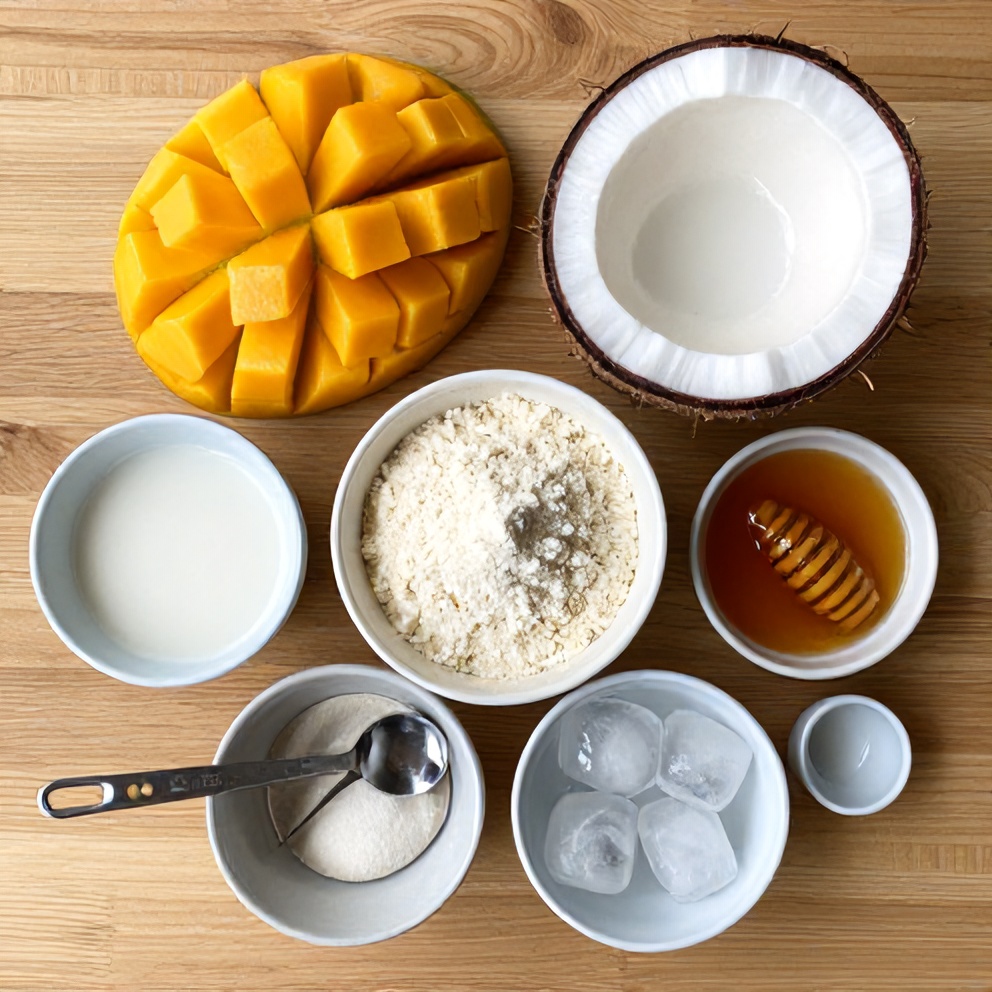 Raw ingredients for Mango Coconut Protein Shake on a wooden surface