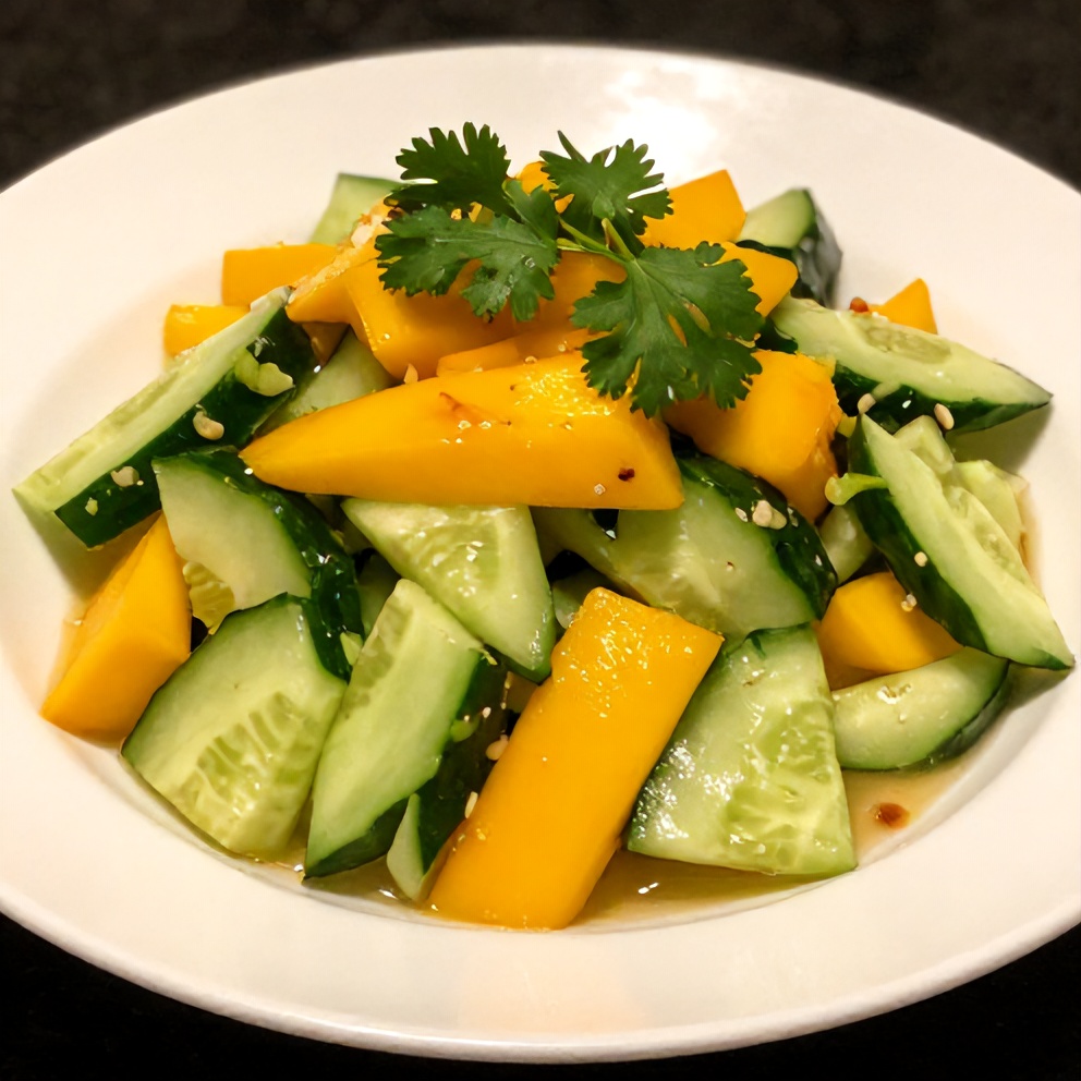 Plated mango cucumber salad with blueberries and avocado