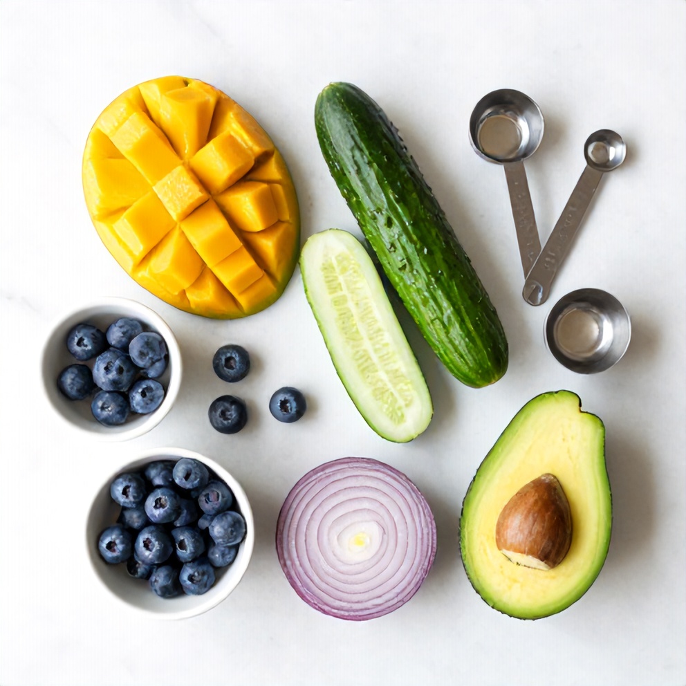 Raw ingredients for mango cucumber salad with blueberries and avocado