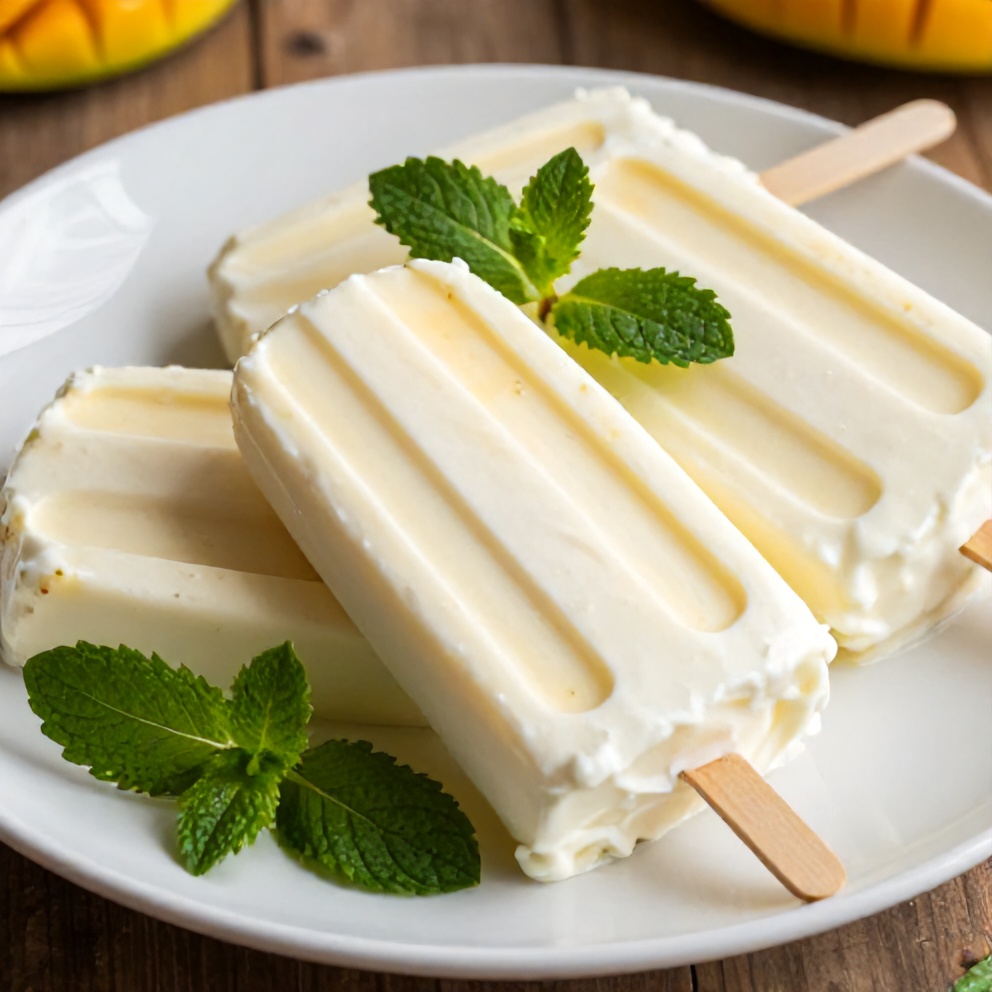 Creamy Mango Greek Yogurt Popsicles on a white plate