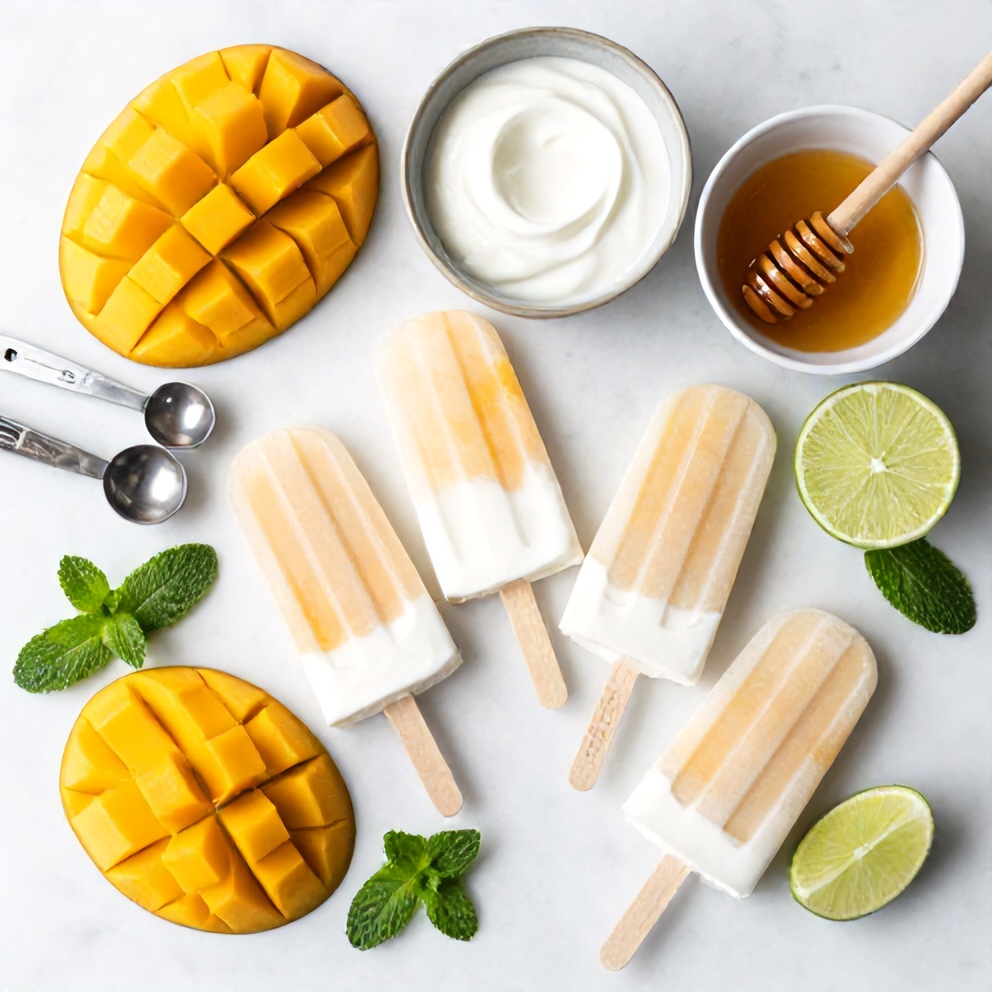 Raw ingredients for Mango Greek Yogurt Popsicles on a marble surface