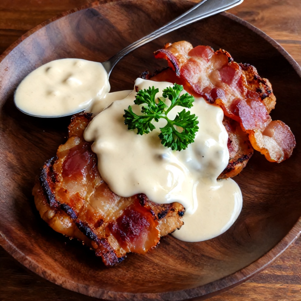 Plated maple bacon pork chops with creamy Dijon sauce