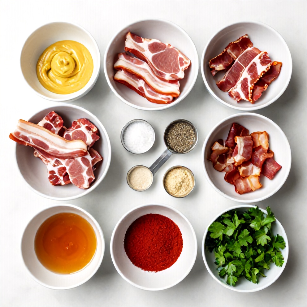 Raw ingredients for maple bacon pork chops with Dijon sauce