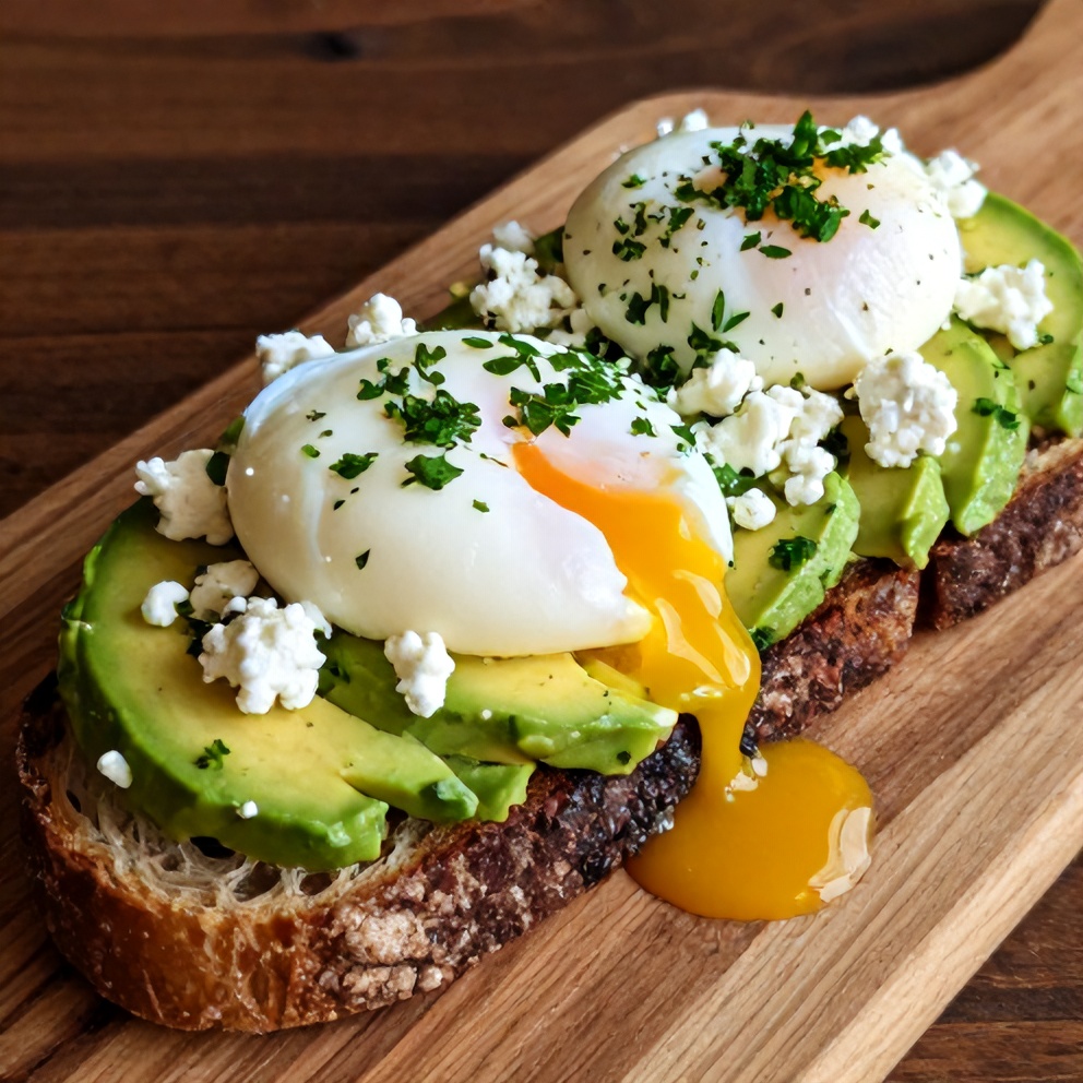 Mediterranean avocado toast with poached egg and feta, garnished with fresh parsley and served on a wooden board