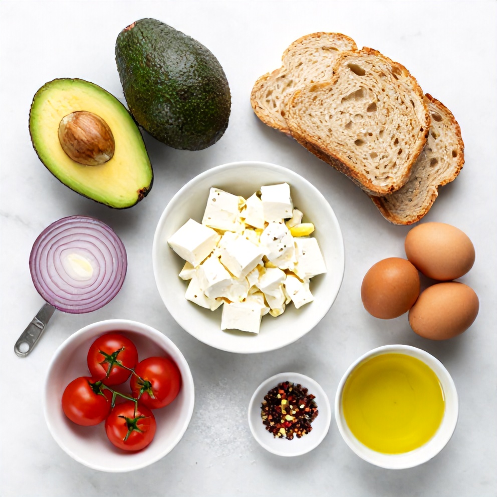 Mediterranean avocado toast ingredients: ripe avocados, fresh bread, eggs, feta, cherry tomatoes, red onion, lemon, olive oil, salt, pepper, and red pepper flakes