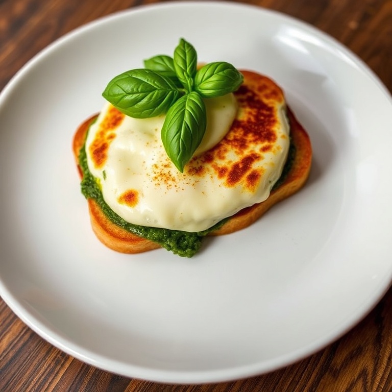 Perfectly plated melty burrata grilled cheese with spinach pesto. Garnished with fresh basil. Warm side lighting shows texture. White ceramic plate in frame.
