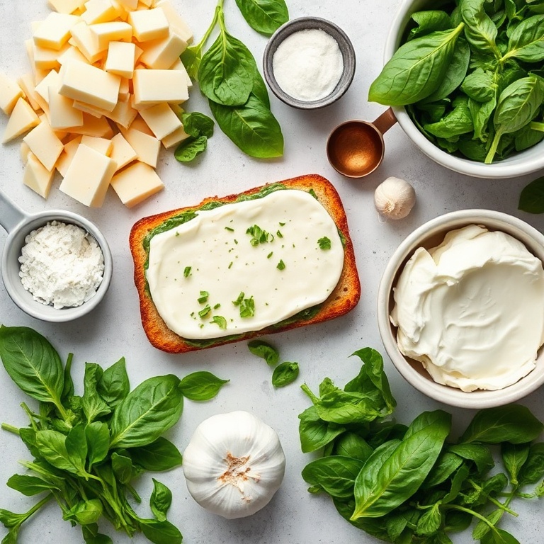 Fresh ingredients for melty burrata grilled cheese. Parmesan, spinach, basil, garlic, and burrata arranged in an overhead flat lay. Measuring spoons and bowls visible. Bright even light.