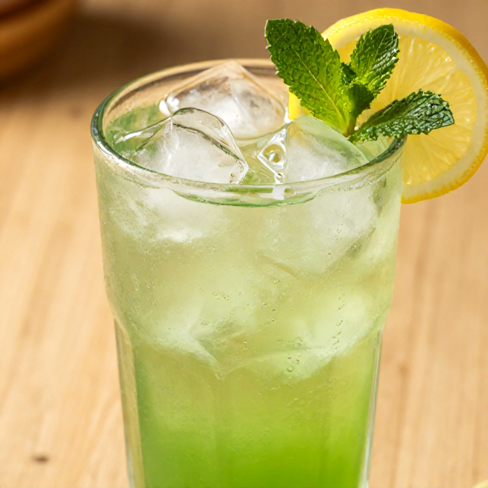 Glass of Mint and Lemon Verbena Iced Tea with lemon slice