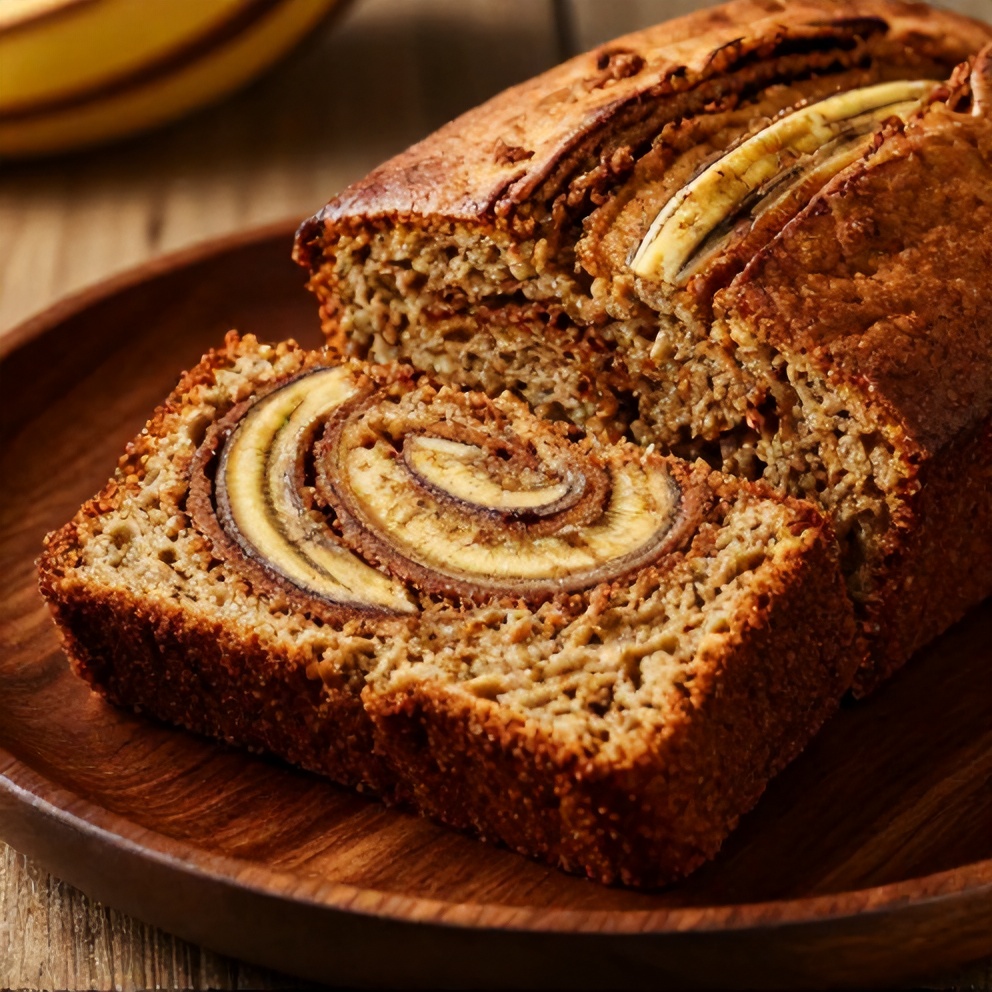 A slice of moist banana bread with a cinnamon swirl, served on a plate