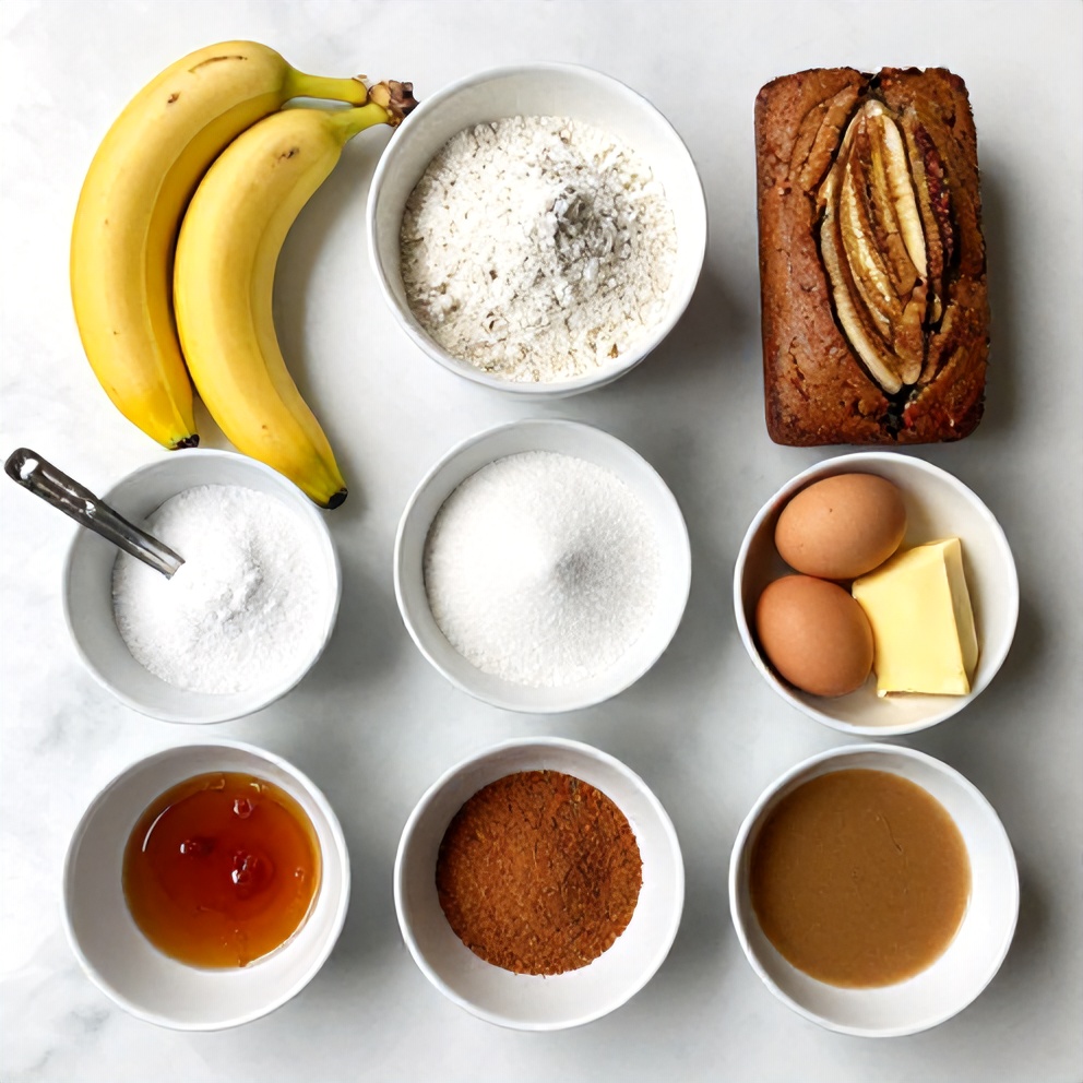 Raw ingredients for moist banana bread with cinnamon swirl, arranged in a flat lay