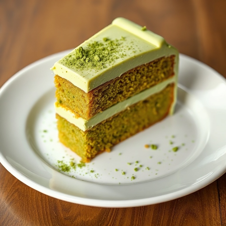 A perfectly plated slice of moist matcha cake with green tea buttercream and matcha powder garnish