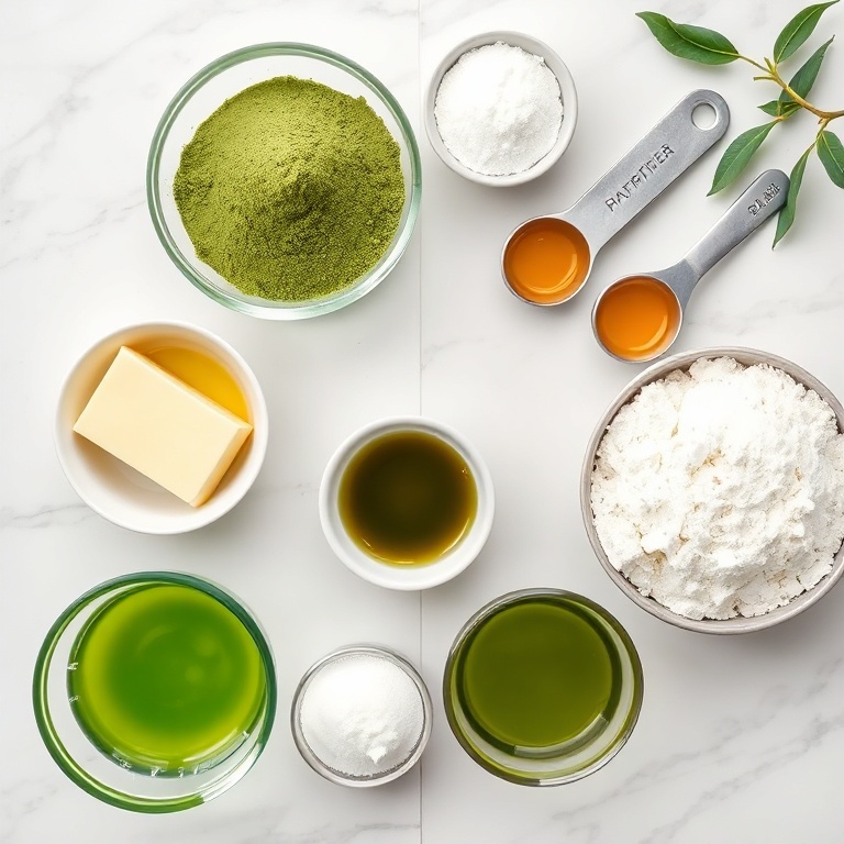 Raw ingredients for moist matcha cake including matcha powder, butter, sugar, eggs, flour, and green tea