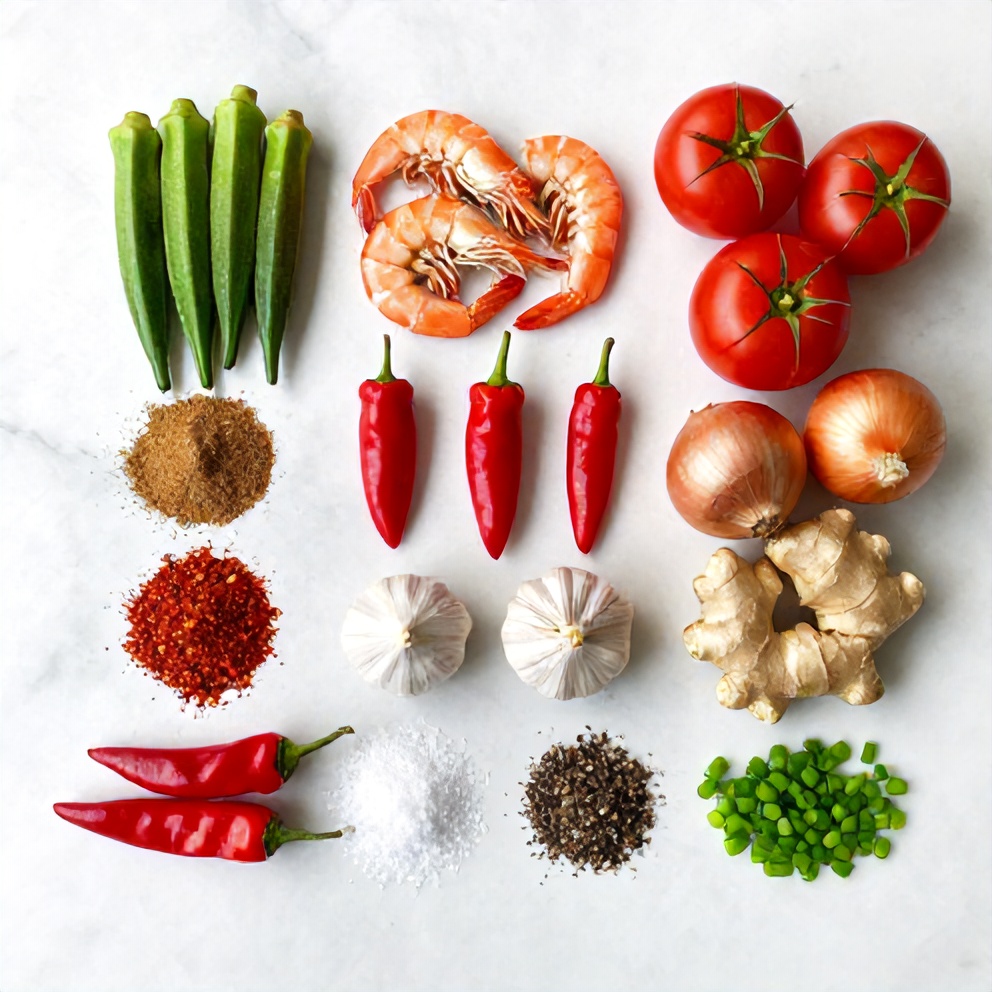 Raw ingredients for Nigerian Okra Soup