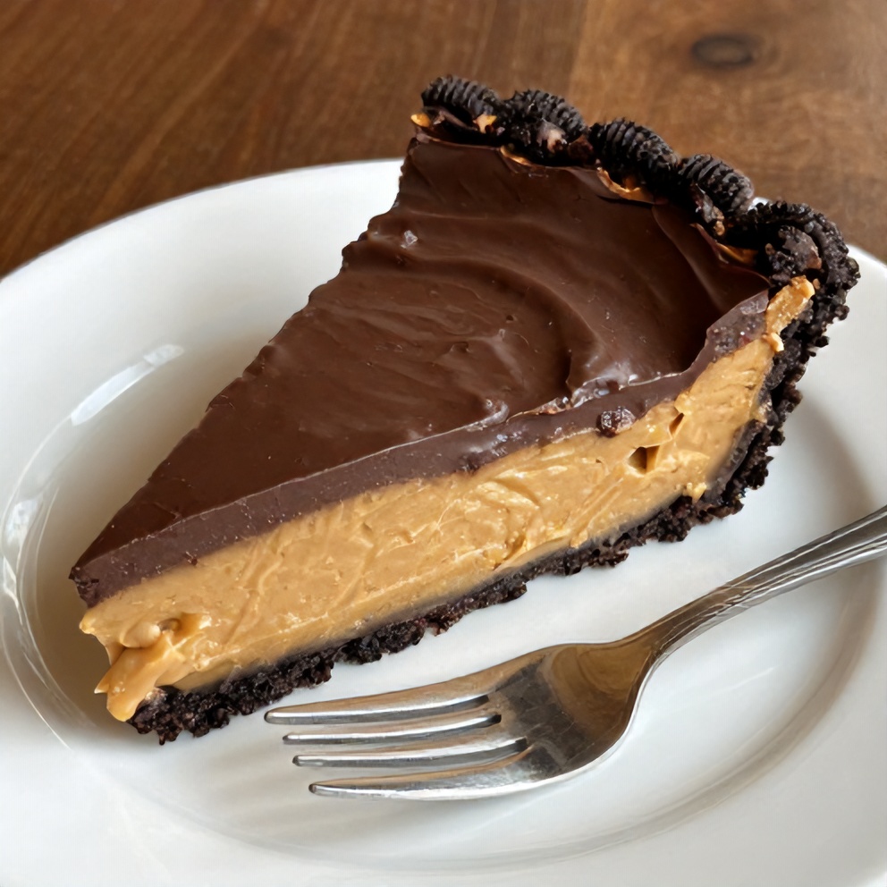 A slice of no-bake chocolate peanut butter pie on a white plate, with a fork placed beside it