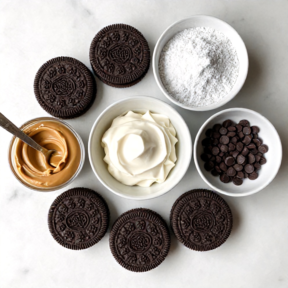 Oreo cookies, peanut butter, cream cheese, powdered sugar, heavy cream, and chocolate chips arranged on a white marble surface
