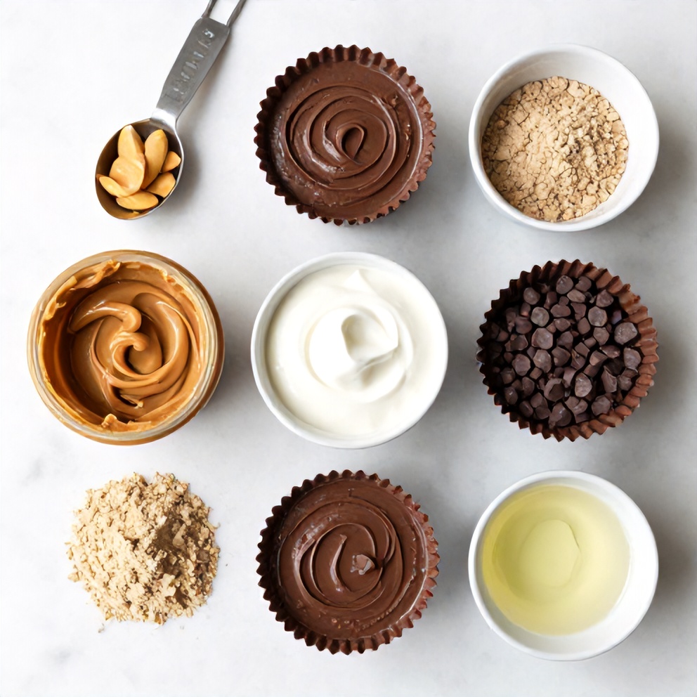Ingredients for no-bake chocolate peanut butter protein cups on a white marble surface